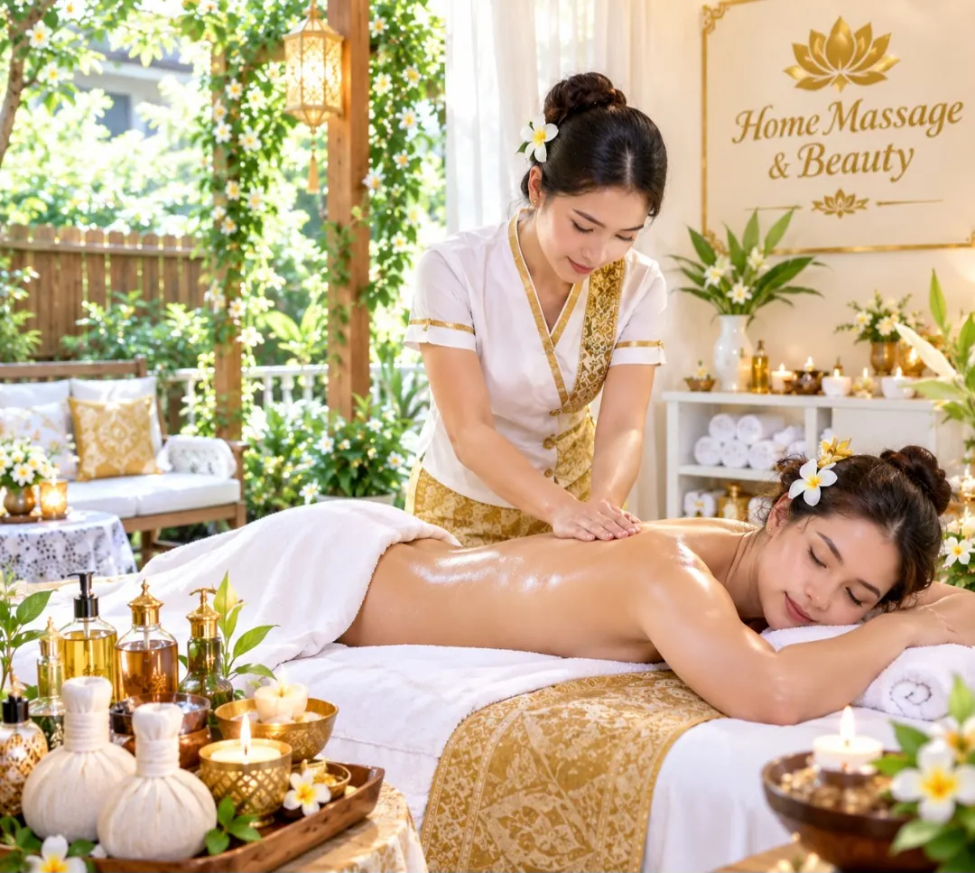 A therapist giving a back massage on a table dressed in white and gold